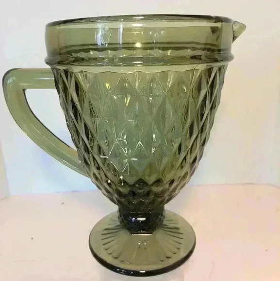 Diamond Point Art Deco Avocado Pressed Glass Pedestal Pitcher. Vintage inspired. - Picture 3 of 6